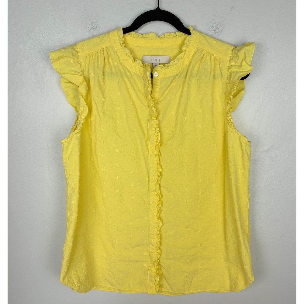 LOFT Floral Button Down Blouse Yellow Ruffle Swiss Dot Spring Easter Size Large